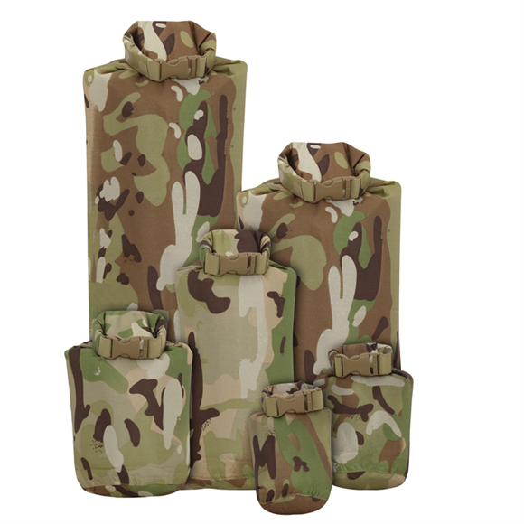 various sized camo dry sacks with top rolled and clip fastened
