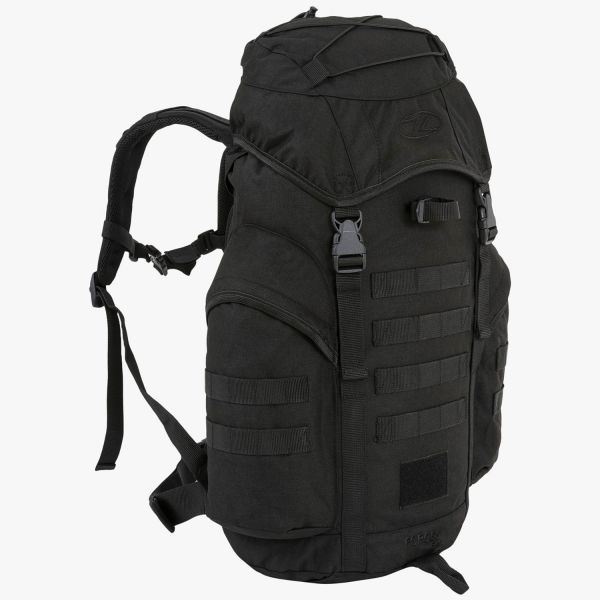 highlander forces loader 33 litre black  side angle rear 2 heavy duty shoulder straps with d-rings and sternum straps. heavy duty carry handle zipped compartment in hood of backpack waist strap side pocket with molle straps and front molle straps