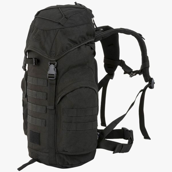 highlander forces loader 33 litre black side angle rear 2 heavy duty shoulder straps with d-rings and sternum straps. heavy duty carry handle zipped compartment in hood of backpack waist strap side pocket with molle straps and front molle straps