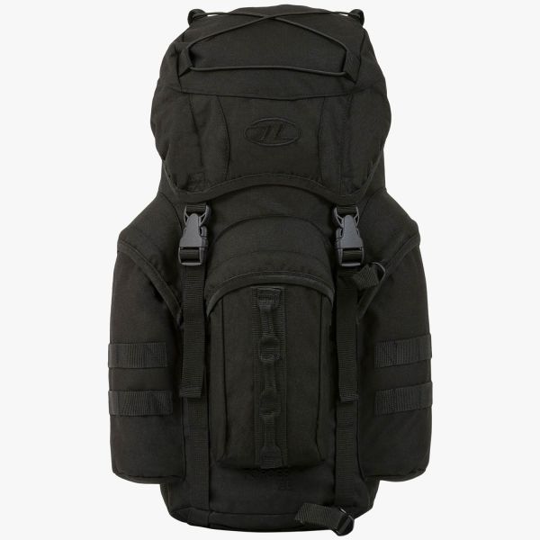 highlander forces 25 litre rucksack black all front with 2 side pockets and one front. ice axe loop on front and molle straps on side