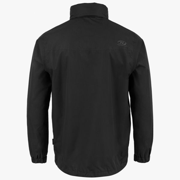 highlander kerrera jacket black. front with hood down. rear shows highlander logo on right shoulder