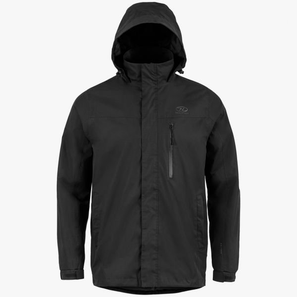 highlander kerrera jacket black. front with hood up vertical chest pocket highlander logo on left chest