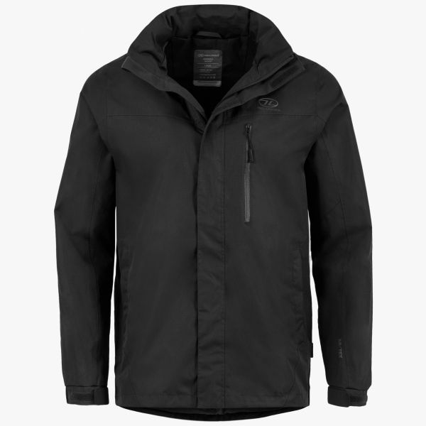 highlander kerrera jacket black. front shot with hood down. highlander logo on left chest. vertical chest pocket on left of jacket and side pockets with storm flap