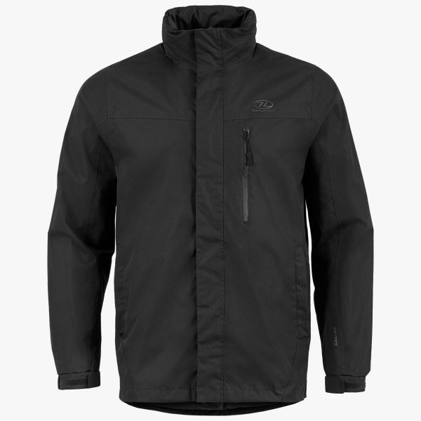 highlander kerrera jacket black. front with hood down vertical chest pocket highlander logo on left chest
