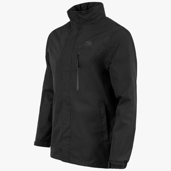 highlander kerrera jacket black. front angle shot with hood down. highlander logo on left chest. vertical chest pocket on left of jacket and side pockets with storm flap