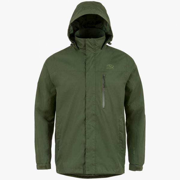 highlander kerrera jacket with hood up. vertical chest pocket with zip puller and storm flap on front zip