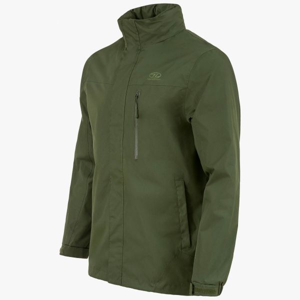angle shot of highlander kerrera jacket with hood down. highlander logo on left chest with side pockets and storm flaps. velcro adjustable cuffs
