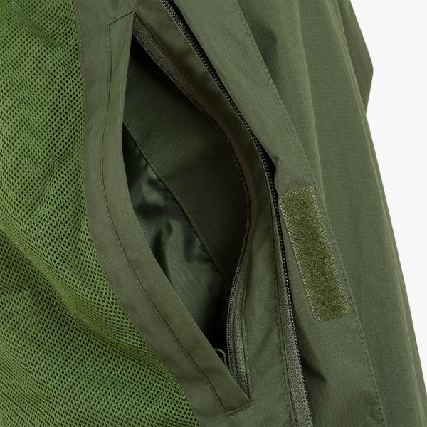angle shot of highlander kerrera jacket with hood down close up. internal chest pocket close up