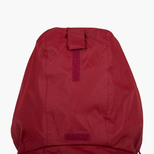 kerrera jacket petroleum and burgundy rear of hood in burgundy with hook and loop strap to secure to neckline