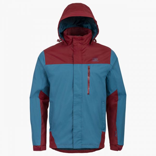 kerrera jacket petroleum and burgundy front with hood up vertical chest pocket