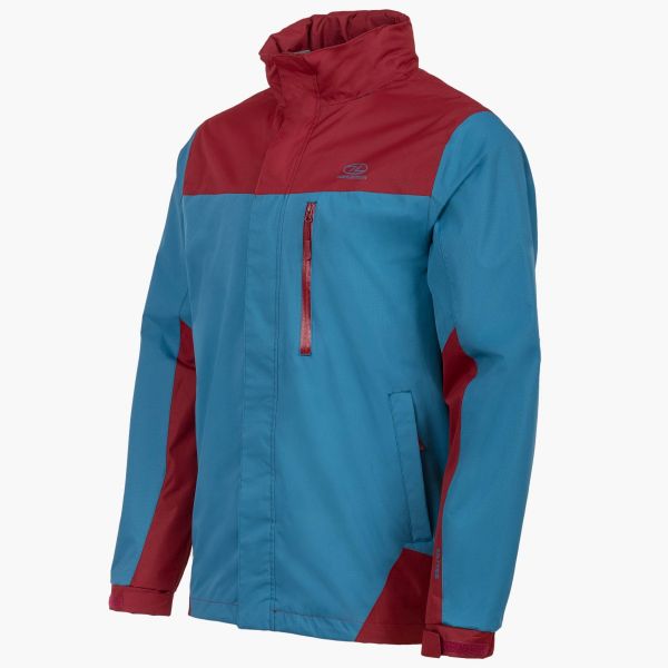 kerrera jacket petroleum and burgundy front angle with hood down vertical chest pocket and side pockets
