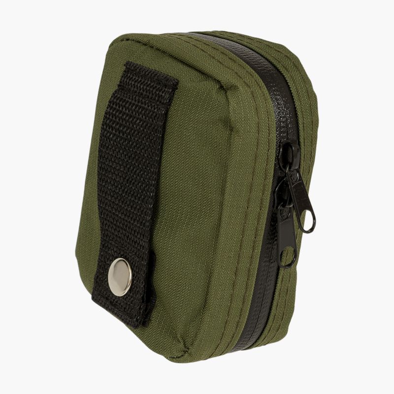 highlander military first aid midi kit closed olive green pouch with rear belt loop and silver press stud fastening