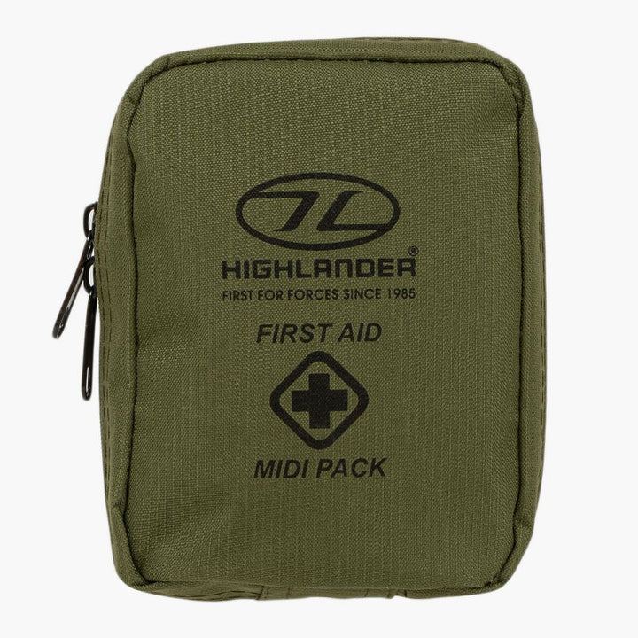 highlander military first aid midi kit closed olive green pouch with black printed text. 