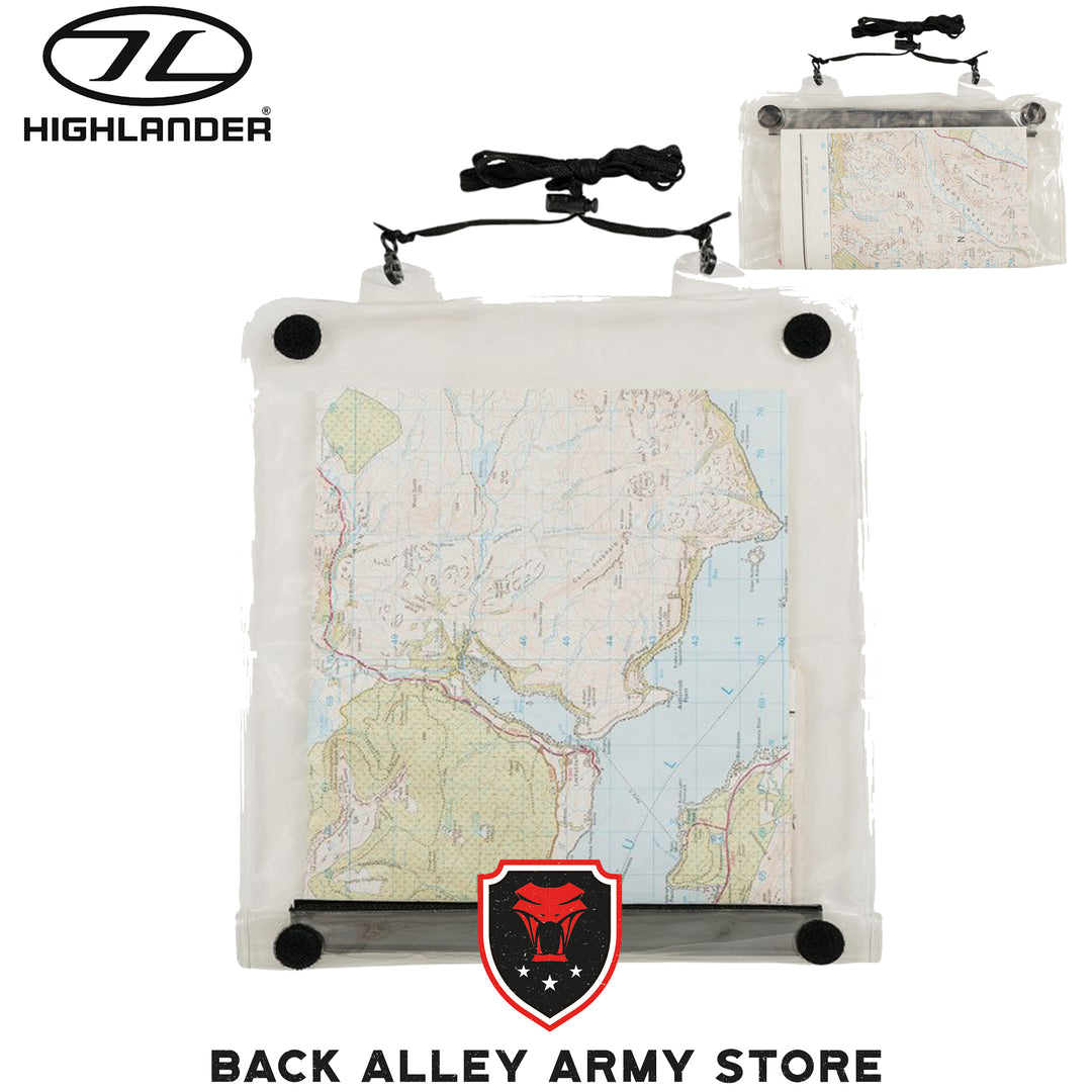 highlander roamer map case with pvc transparent window and display map inside. black velcro dots on each corner for fastening and black adjustable neck lanyard on top