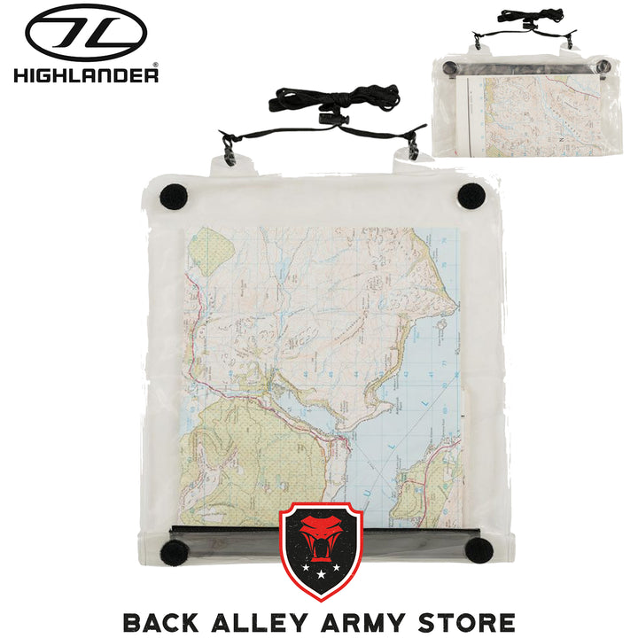 highlander roamer map case with pvc transparent window and display map inside. black velcro dots on each corner for fastening and black adjustable neck lanyard on top