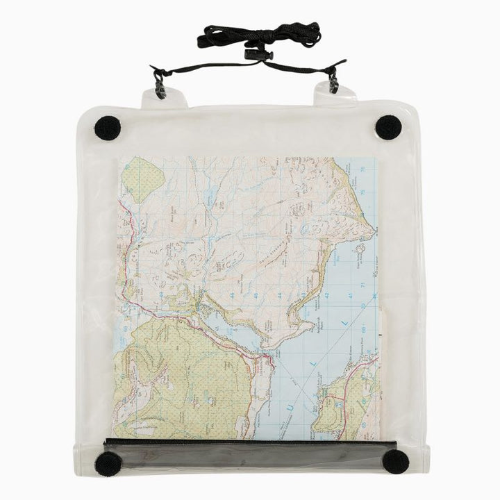 highlander roamer map case with pvc transparent window and display map inside. black velcro dots on each corner for fastening and black adjustable neck lanyard on top