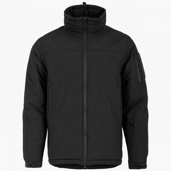 black highlander stryker winter jacket side angle side arm pocket with zip full length front zip to waist adjustable cuff high collar concealed hood velcro id patch on sleeve