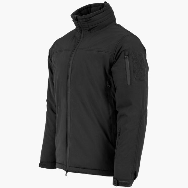  black highlander stryker winter jacket side angle side arm pocket with zip full length front zip to waist adjustable cuff high collar concealed hood velcro id patch on sleeve