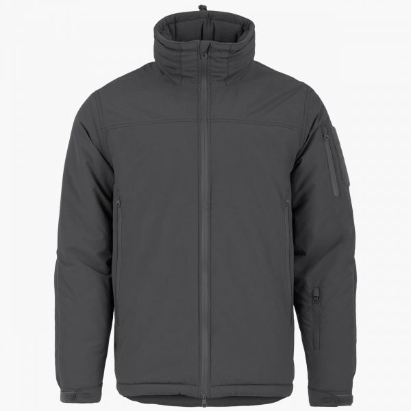 grey highlander stryker winter jacket side angle side arm pocket with zip full length front zip to waist adjustable cuff high collar concealed hood velcro id patch on sleeve