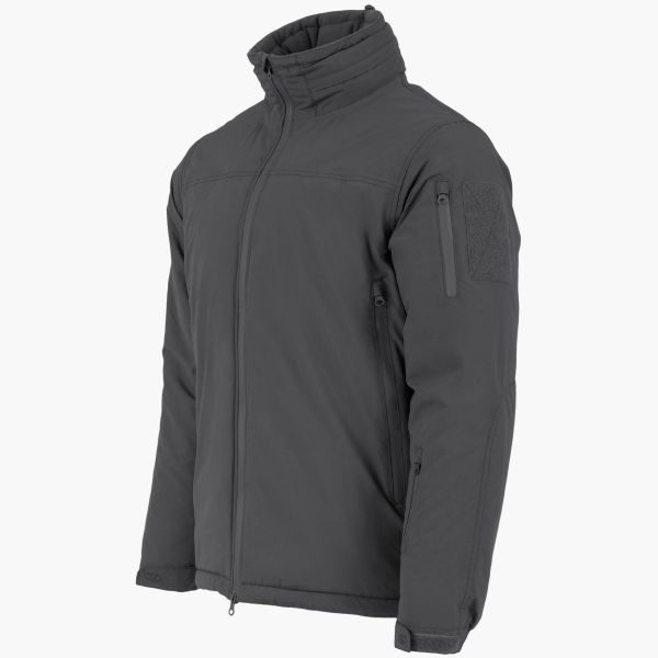 grey highlander stryker winter jacket side angle side arm pocket with zip full length front zip to waist adjustable cuff high collar concealed hood velcro id patch on sleeve