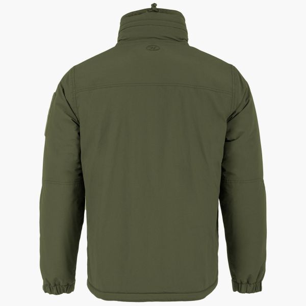 highlander stryker winter jacket rear back shot olive green highlander logo in centre drawstring on rear of neck