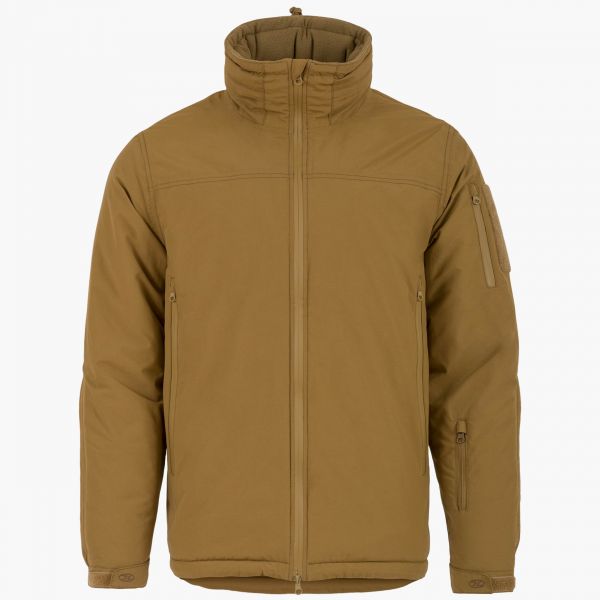 tan coyote highlander stryker winter jacket side angle side arm pocket with zip full length front zip to waist adjustable cuff high collar concealed hood velcro id patch on sleeve
