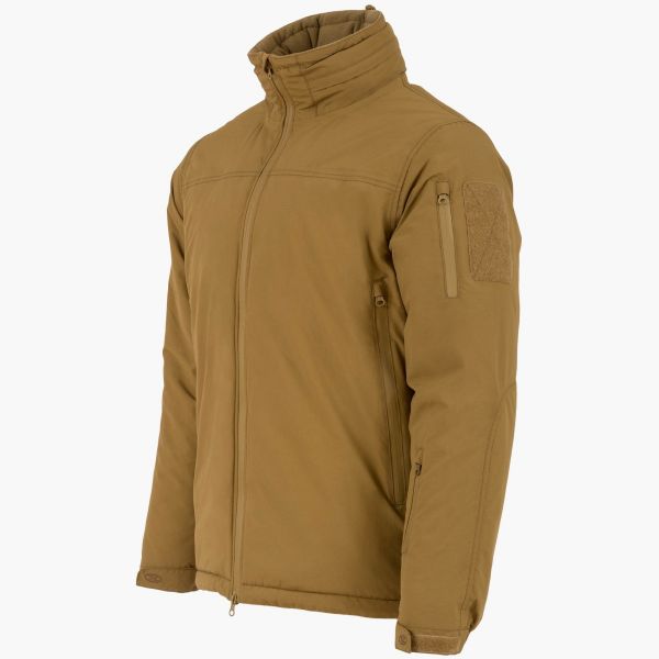tan coyote highlander stryker winter jacket side angle side arm pocket with zip full length front zip to waist adjustable cuff high collar concealed hood velcro id patch on sleeve