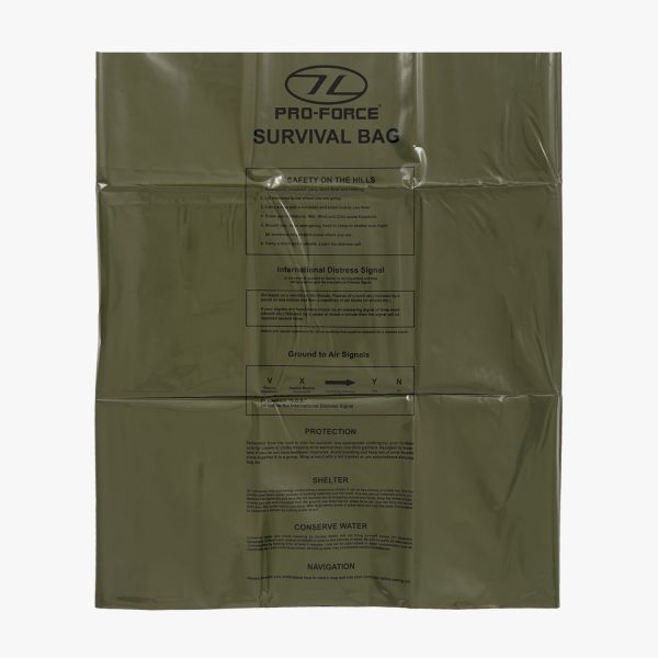 highlander olive green survival bivi bag opened. usage instructions in black lettering