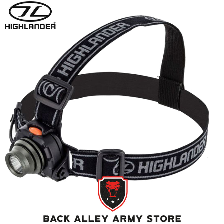 wave headlamp with highlander written on strap. torch on front with orange button on top