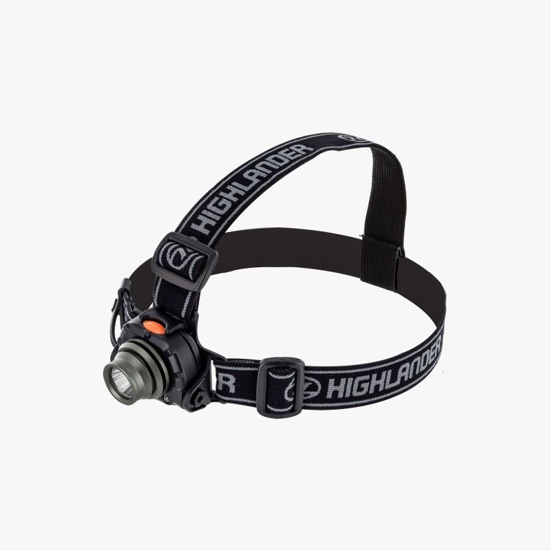 wave headlamp with highlander written on strap. torch on front with orange button on top