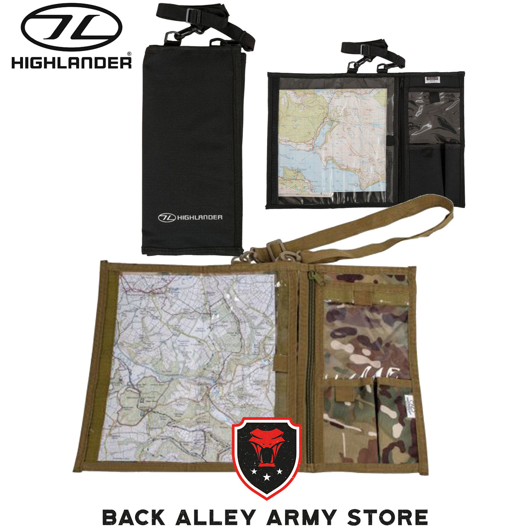 2 colours map  case. top black folded closed on left with highlander logo on bottom with neck lanyard. top right open map case with pvc map window and organiser pockets on right of case. bottom open map case in hmtc highlander camo