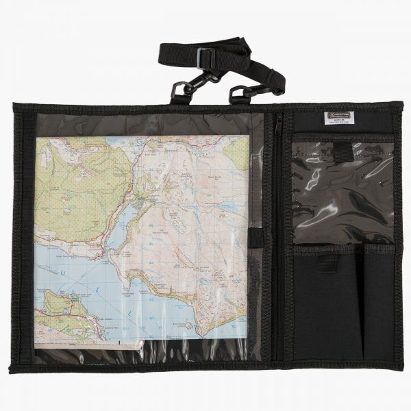 black folded closed on left with highlander logo on bottom with neck lanyard. top right open map case with pvc map window and organiser pockets on right of case